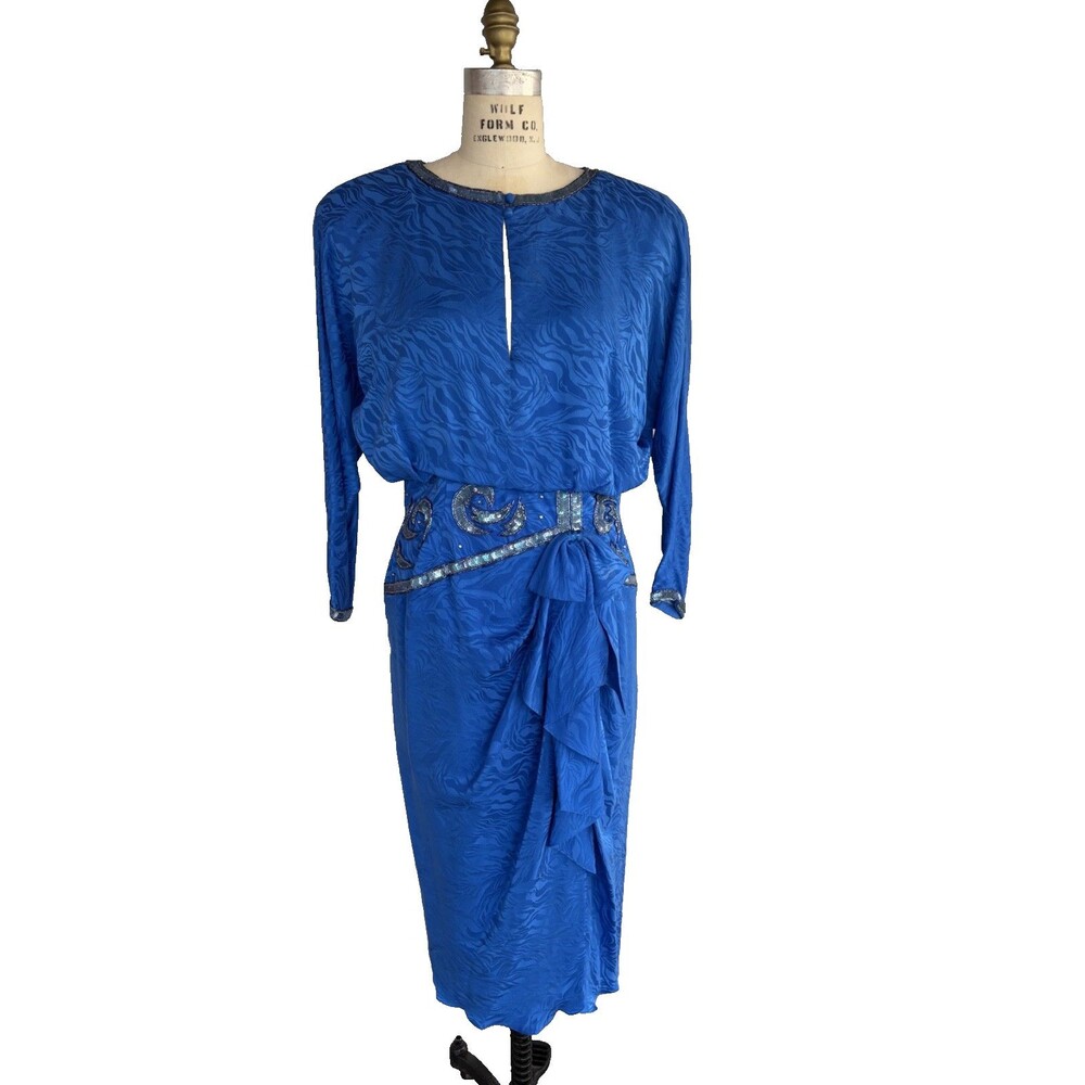 Vintage 80s A.J. Bari Cobalt Blue Silk Jacquard Beaded Sequin Dress Sz 12
